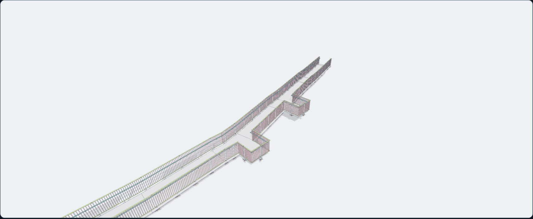 A long galvanised ramp balustrade with posts, top rail and vertical infill bars, in 3D