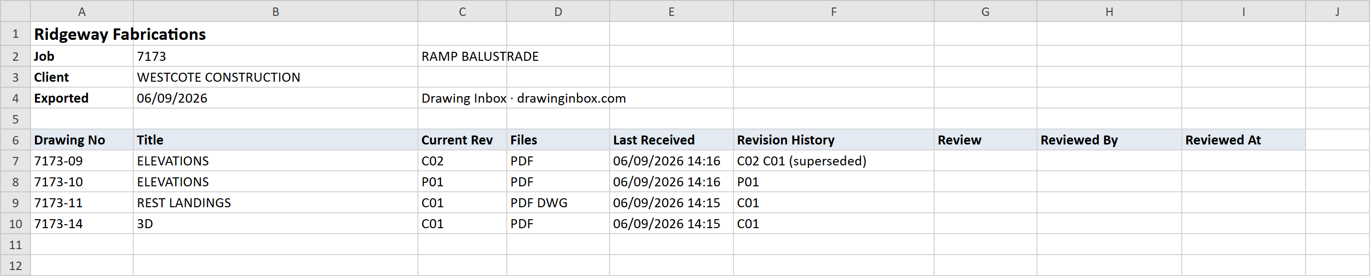 The 7173 drawing register exported to Excel: every drawing, its current revision, its files, and C01 marked superseded