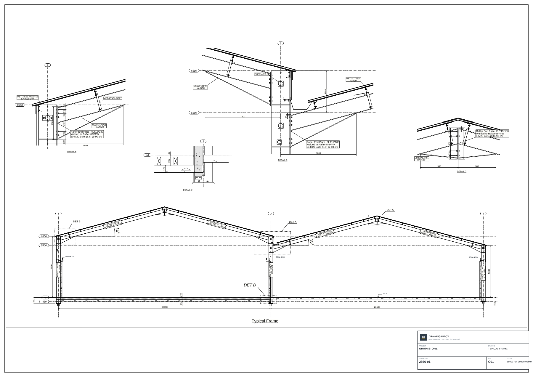 Drawing 2866-01, a typical portal frame of the grain store with haunch and eaves details