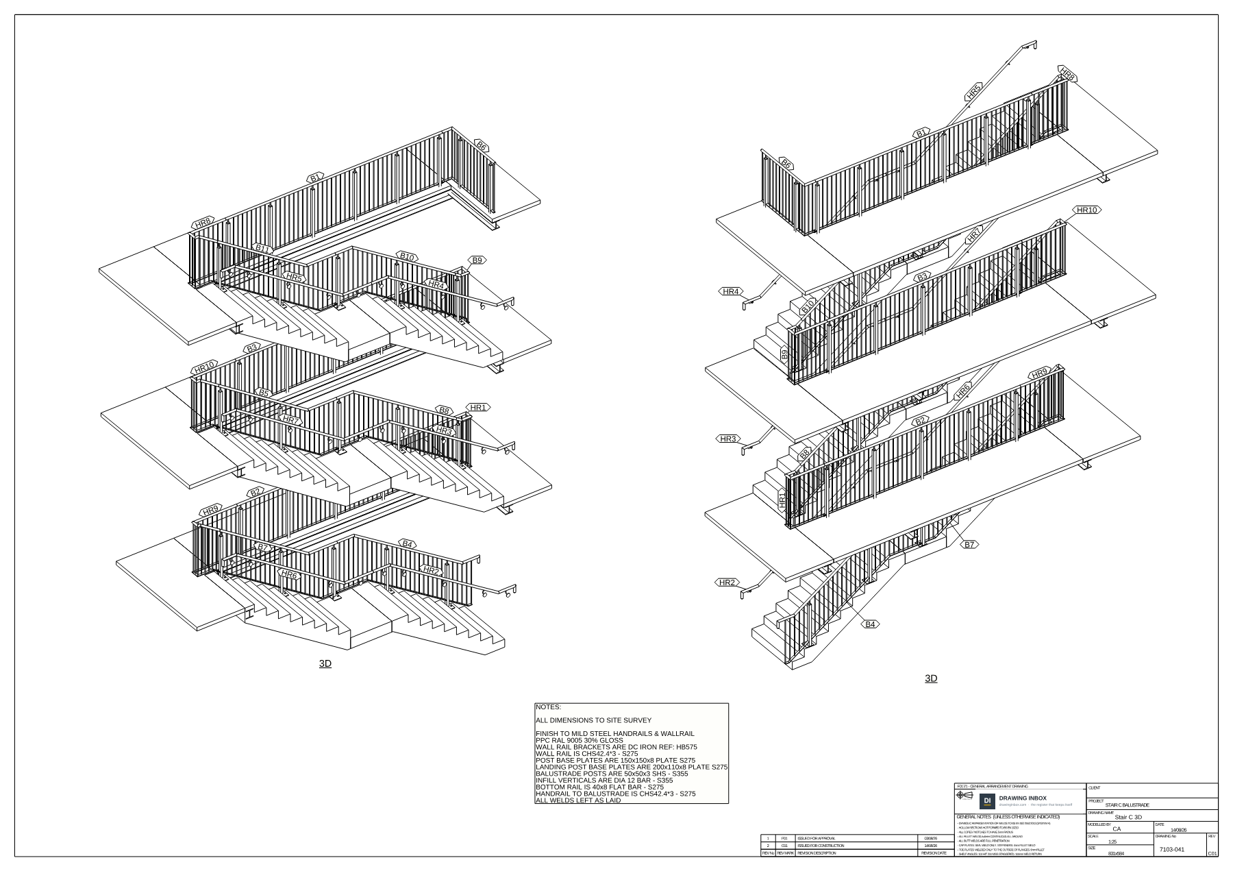 Drawing 7103-041, isometric views of three flights of stair balustrade